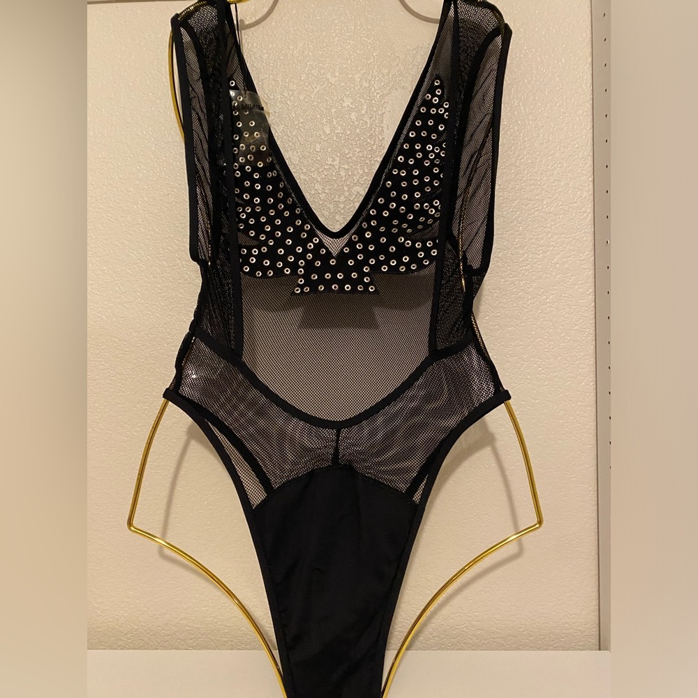 Black studded one-piece swimsuit